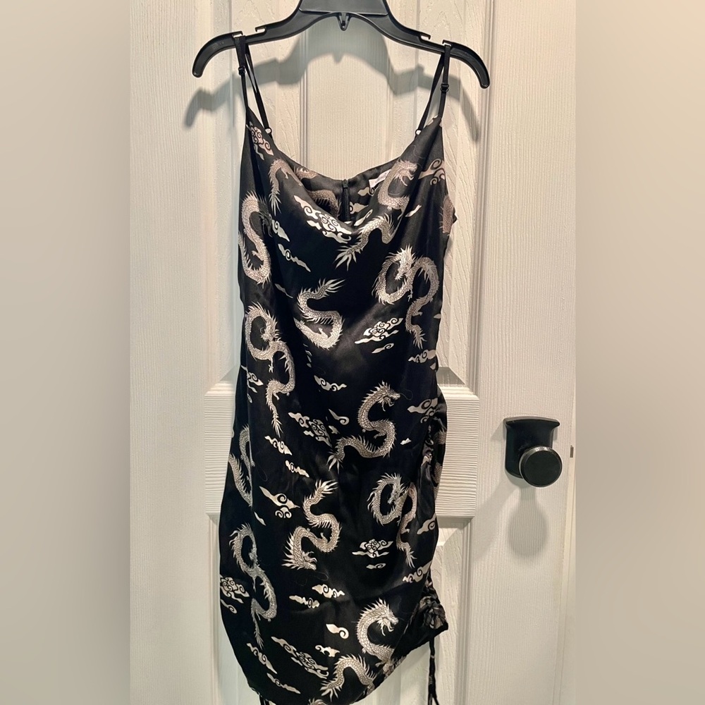 Cute Black Satin Dragon Print Slip Dress